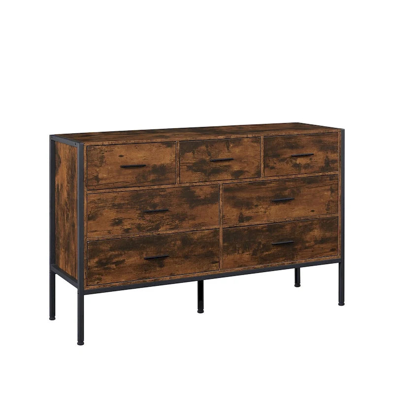 48" Wood Storage Dresser with 7 Drawers | Solid Clothes Cabinet with Steel Frame | Rustic Brown