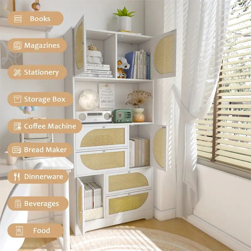 Tall Freestanding Storage Cabinet with Rattan Doors