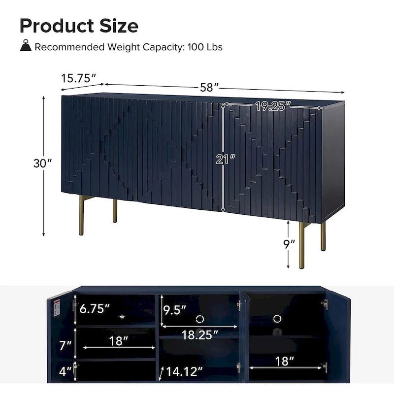 Modern 58" Wide Sideboard with Cable Management & Adjustable Feet