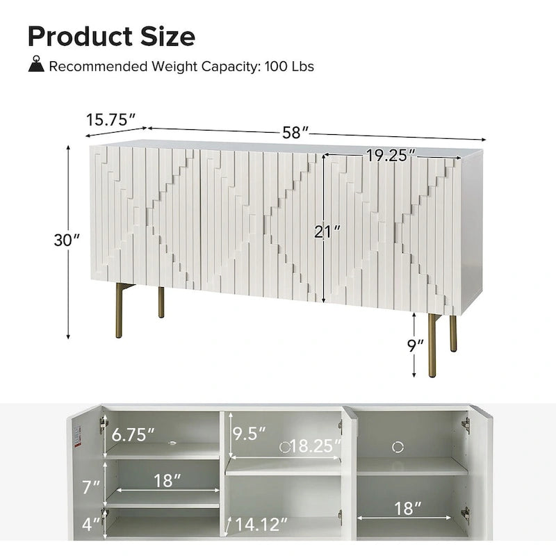 Modern 58" Wide Sideboard with Cable Management & Adjustable Feet