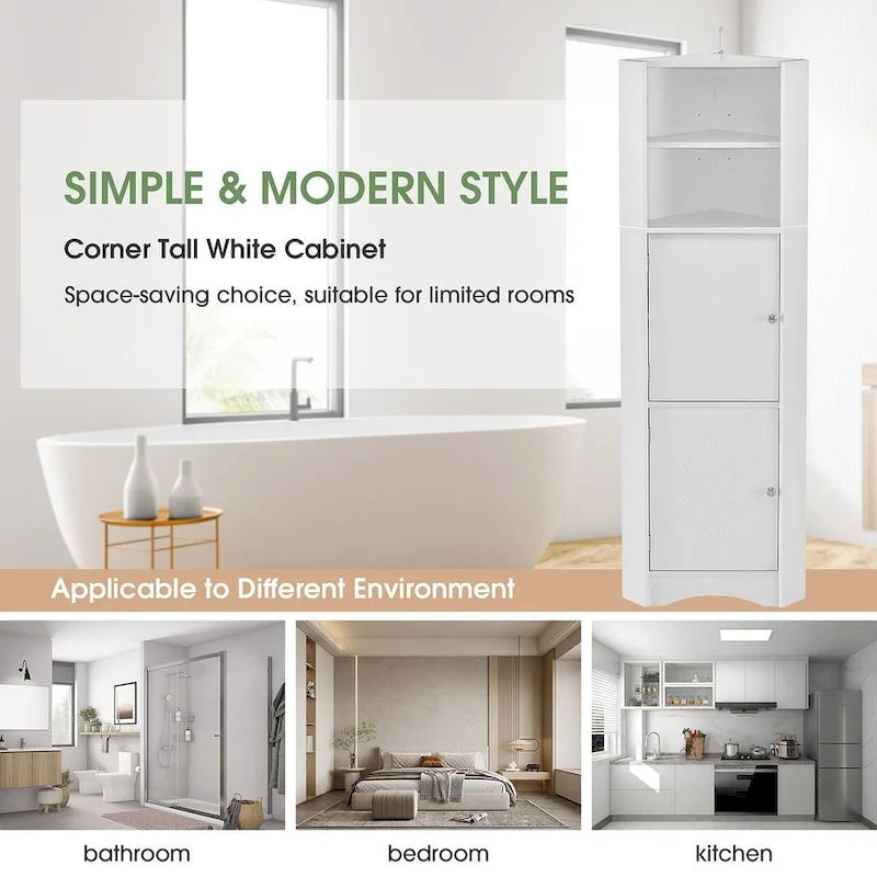 Tall Corner Cabinet with 2 Doors and 4 Tier Shelves
