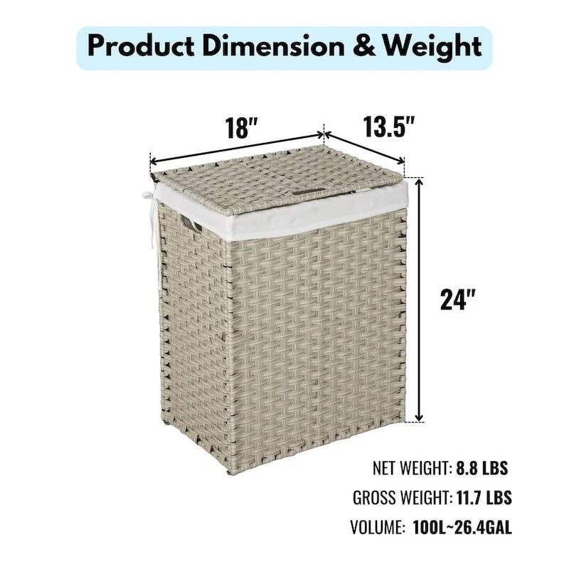 Laundry Hamper with Lid & 2 Removable Bags, 100L, Grey