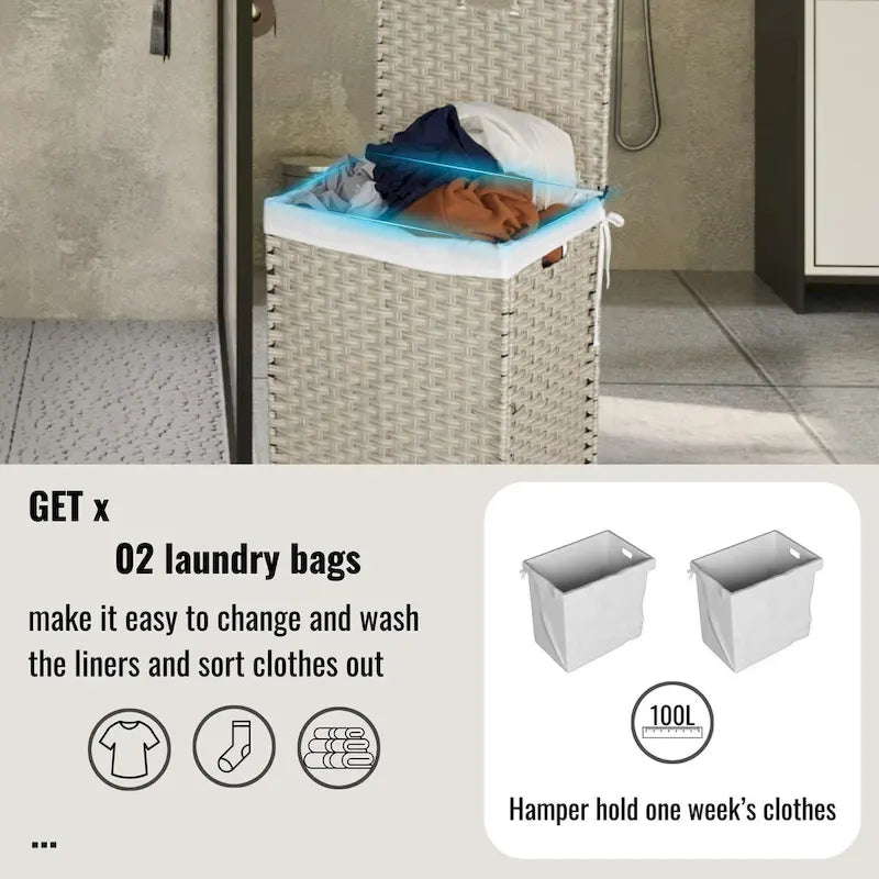 Laundry Hamper with Lid & 2 Removable Bags, 100L, Grey