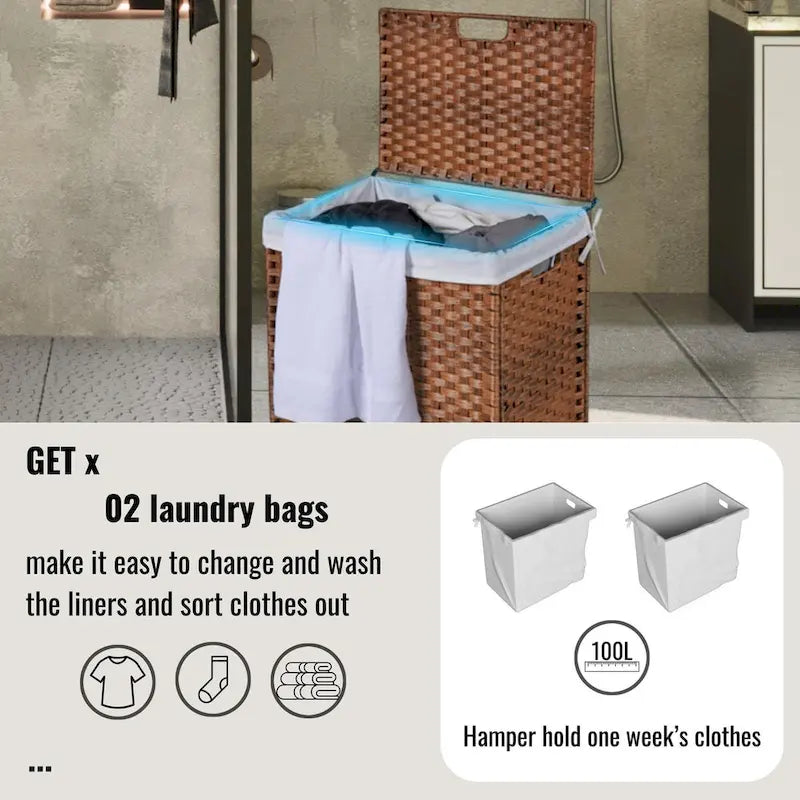 Laundry Hamper with Lid & 2 Removable Bags, 100L, Grey
