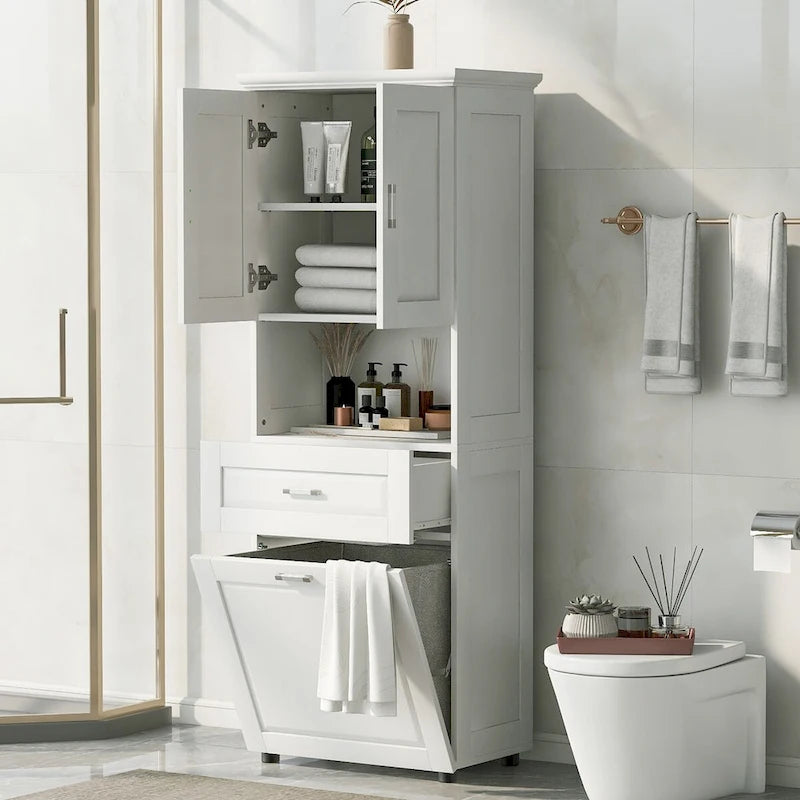 Tall Bathroom Cabinet with Laundry Basket and Upper Storage, White