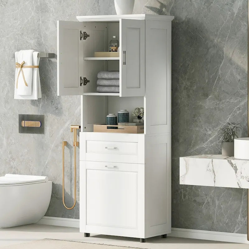 Tall Bathroom Cabinet with Laundry Basket and Upper Storage, White