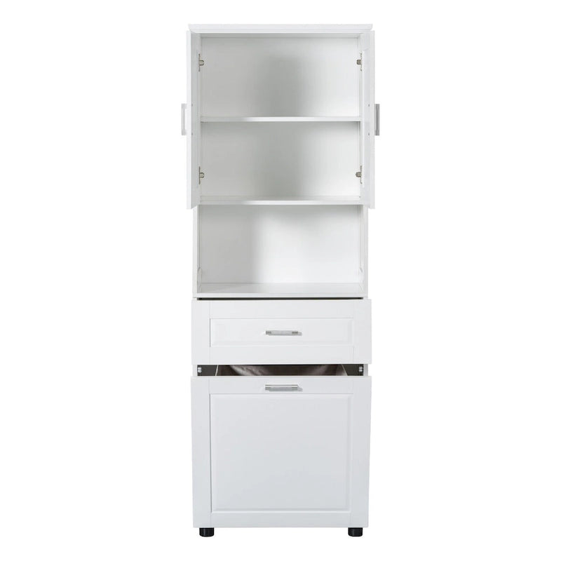 Tall Bathroom Cabinet with Laundry Basket and Upper Storage, White