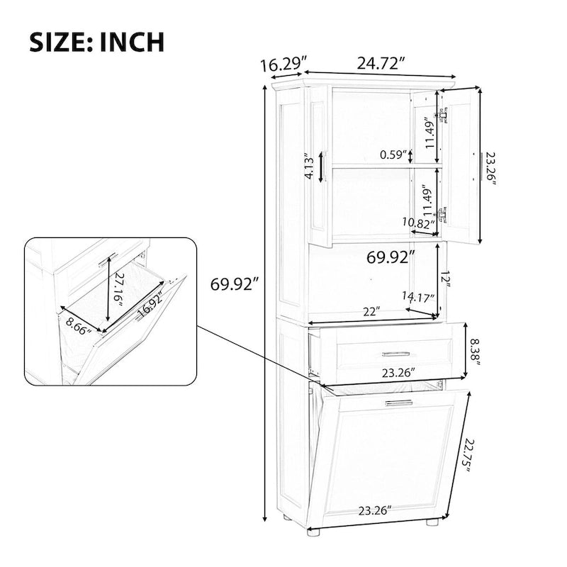 Tall Bathroom Cabinet with Laundry Basket and Upper Storage, White