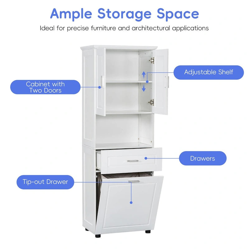 Tall Bathroom Cabinet with Laundry Basket and Upper Storage, White