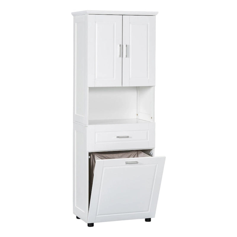 Tall Bathroom Cabinet with Laundry Basket and Upper Storage, White