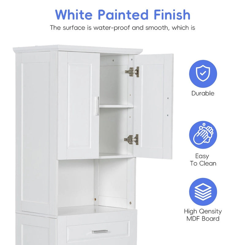 Tall Bathroom Cabinet with Laundry Basket and Upper Storage, White