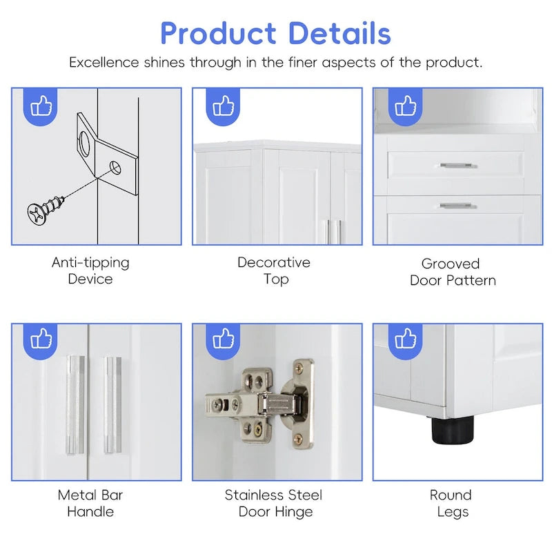 Tall Bathroom Cabinet with Laundry Basket and Upper Storage, White