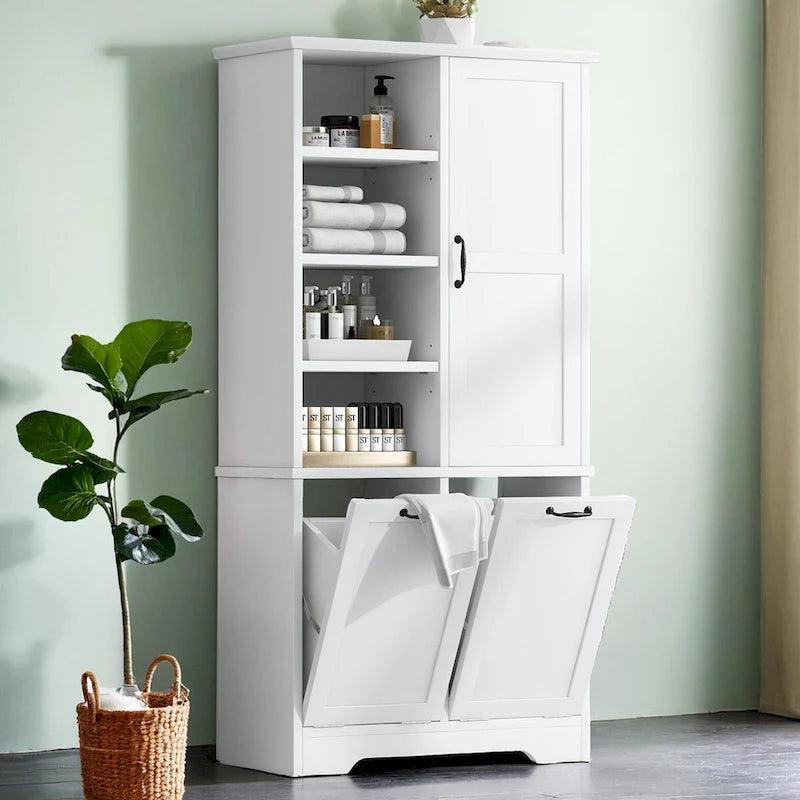 Bathroom Storage Cabinet with Tilt-Out Laundry Hamper and Adjustable Shelves, White