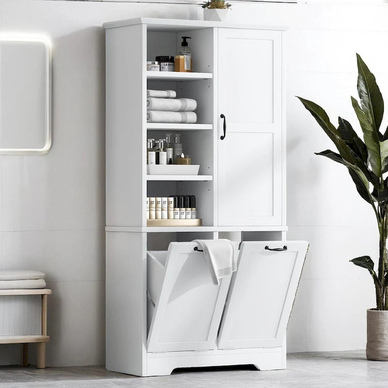 Bathroom Storage Cabinet with Tilt-Out Laundry Hamper and Adjustable Shelves, White