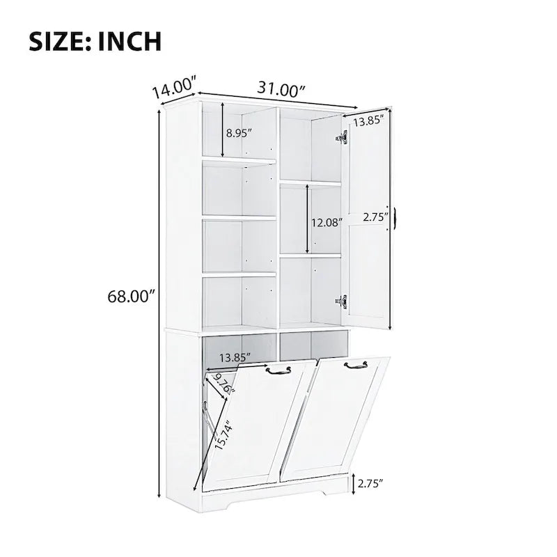 Bathroom Storage Cabinet with Tilt-Out Laundry Hamper and Adjustable Shelves, White