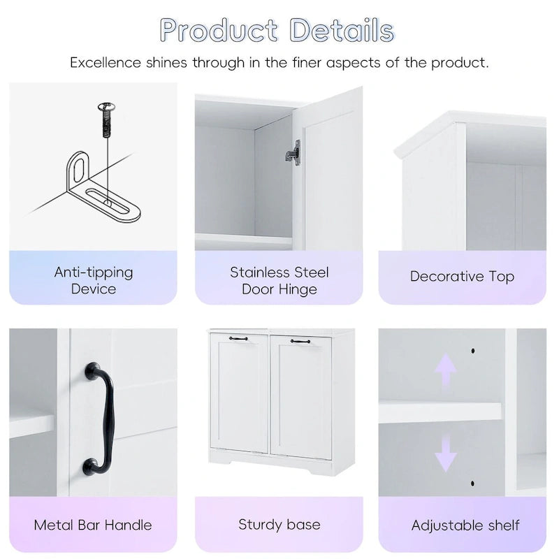 Bathroom Storage Cabinet with Tilt-Out Laundry Hamper and Adjustable Shelves, White