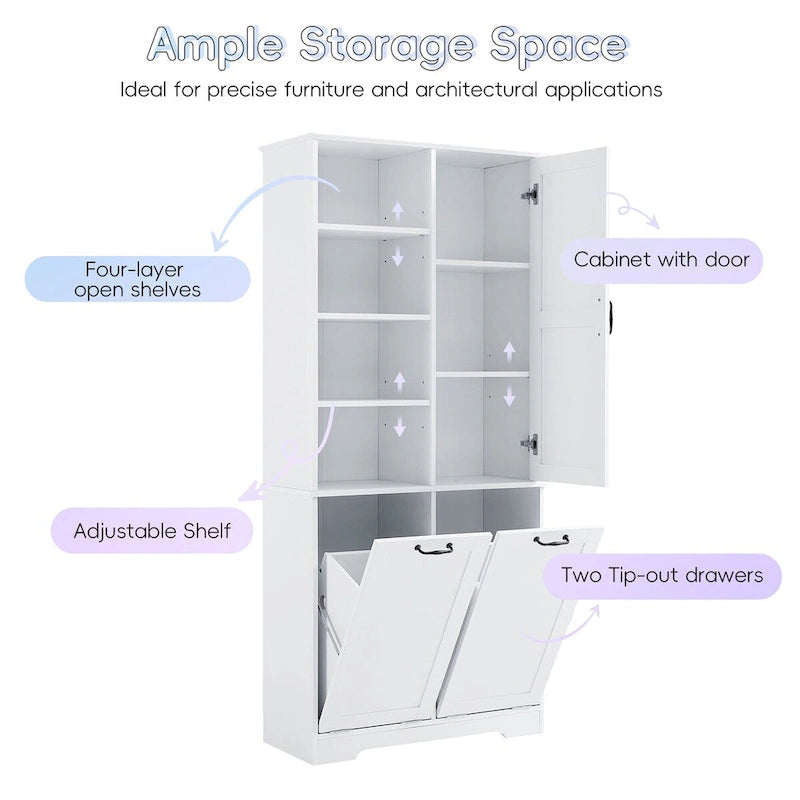 Bathroom Storage Cabinet with Tilt-Out Laundry Hamper and Adjustable Shelves, White