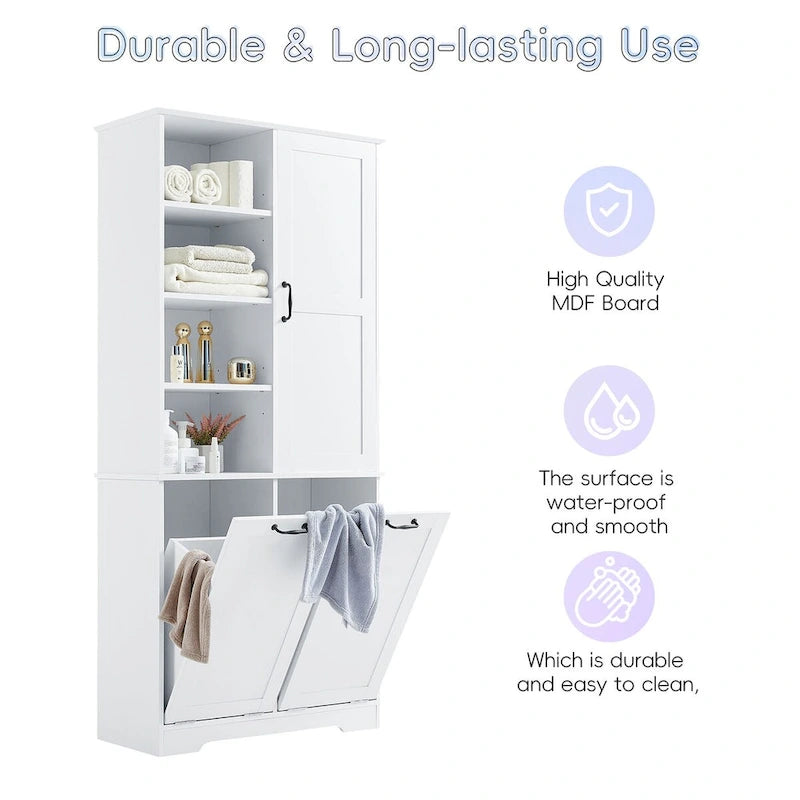 Bathroom Storage Cabinet with Tilt-Out Laundry Hamper and Adjustable Shelves, White