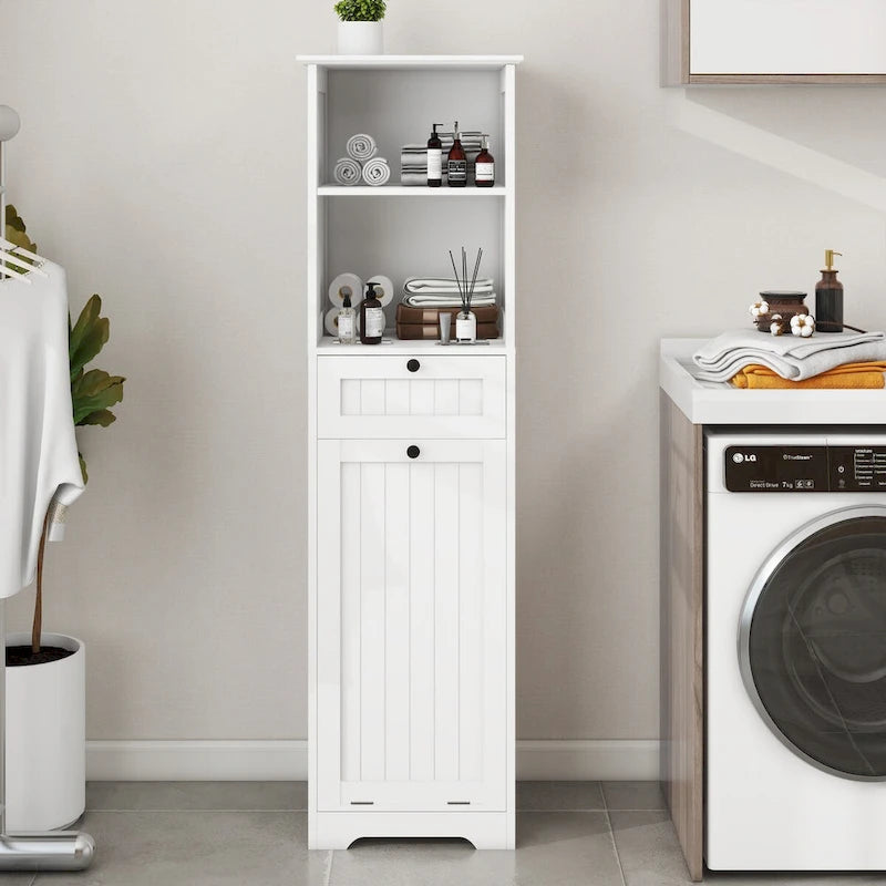 Tilt-Out Laundry Sorter Cabinet with Drawer - White