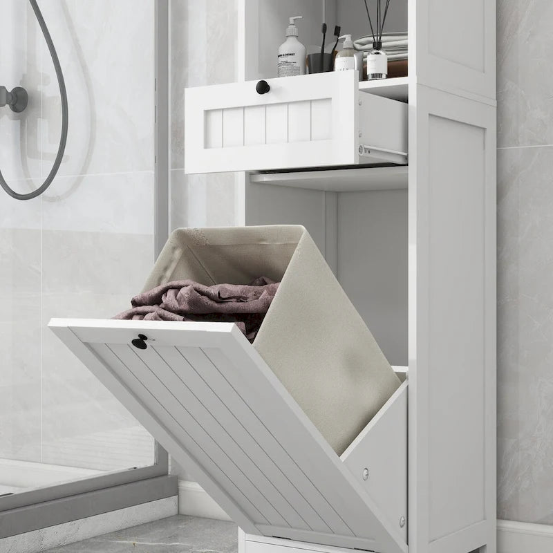 Tilt-Out Laundry Sorter Cabinet with Drawer - White