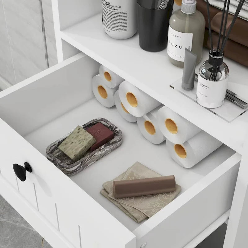 Tilt-Out Laundry Sorter Cabinet with Drawer - White