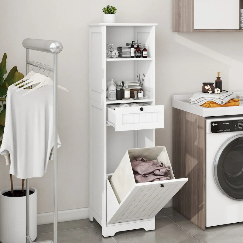 Tilt-Out Laundry Sorter Cabinet with Drawer - White