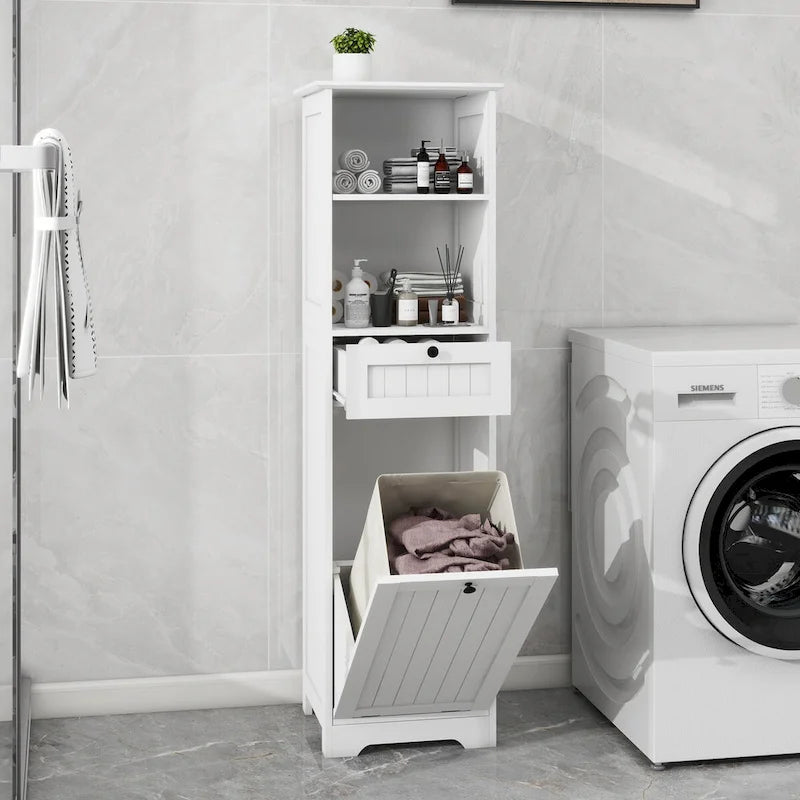 Tilt-Out Laundry Sorter Cabinet with Drawer - White