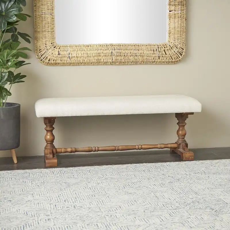 Fabric Home Bench with Brown Turned Legs - Cream