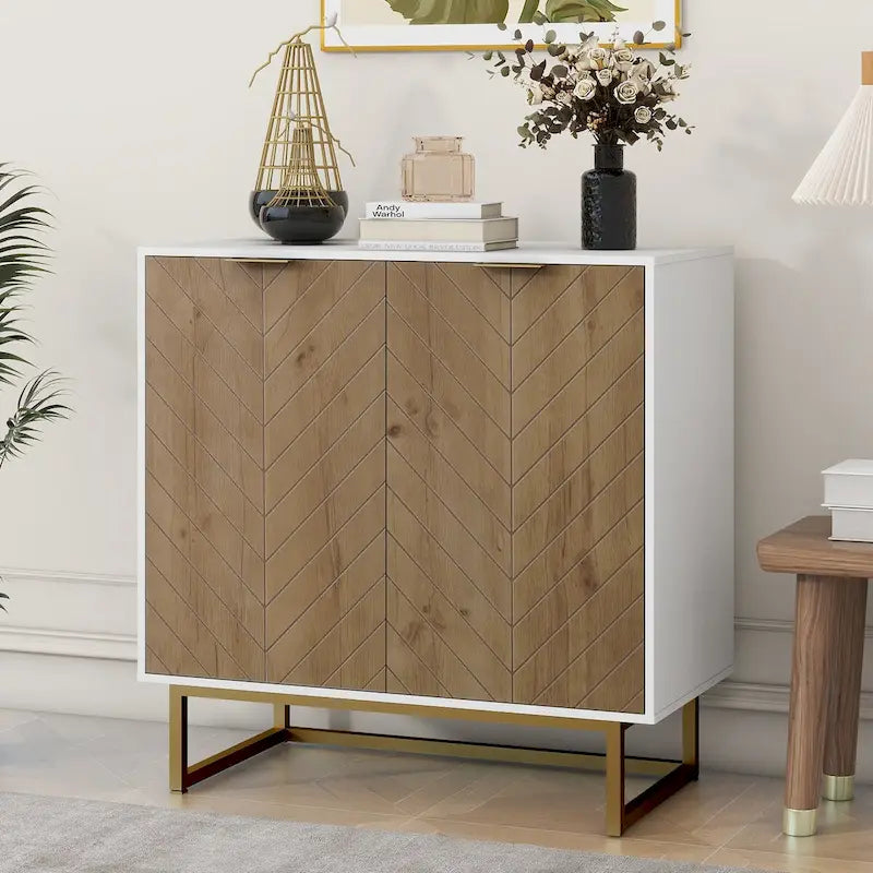 White and Gold Storage Cabinet with 2 Doors, Buffet Sideboard with Storage