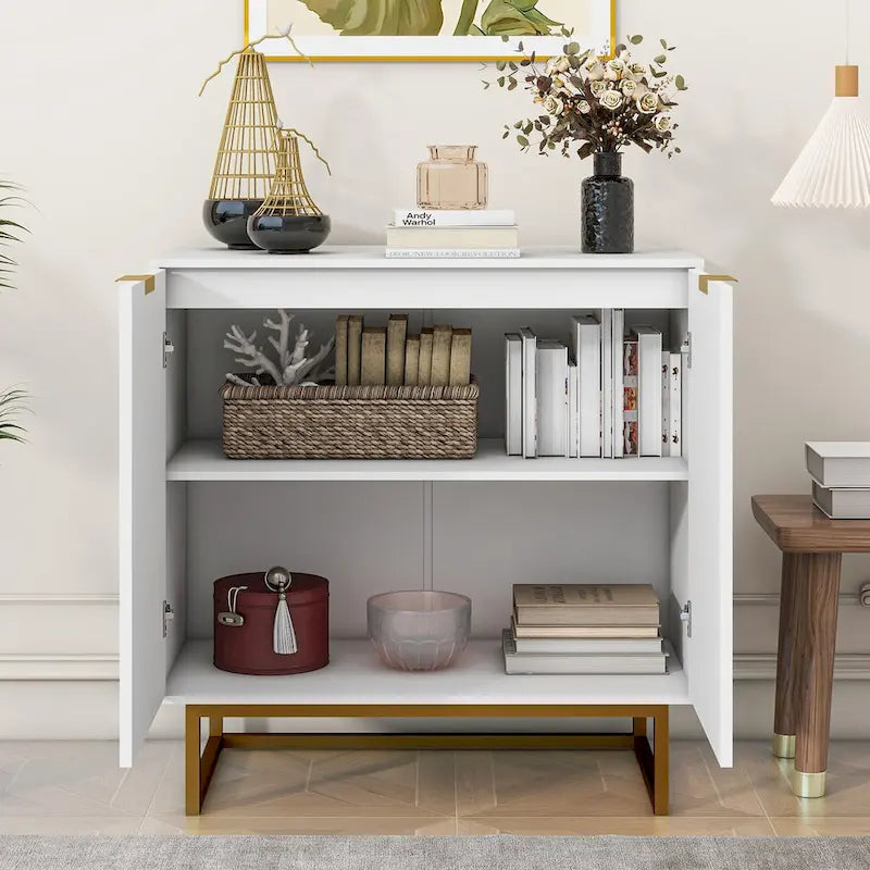 White and Gold Storage Cabinet with 2 Doors, Buffet Sideboard with Storage
