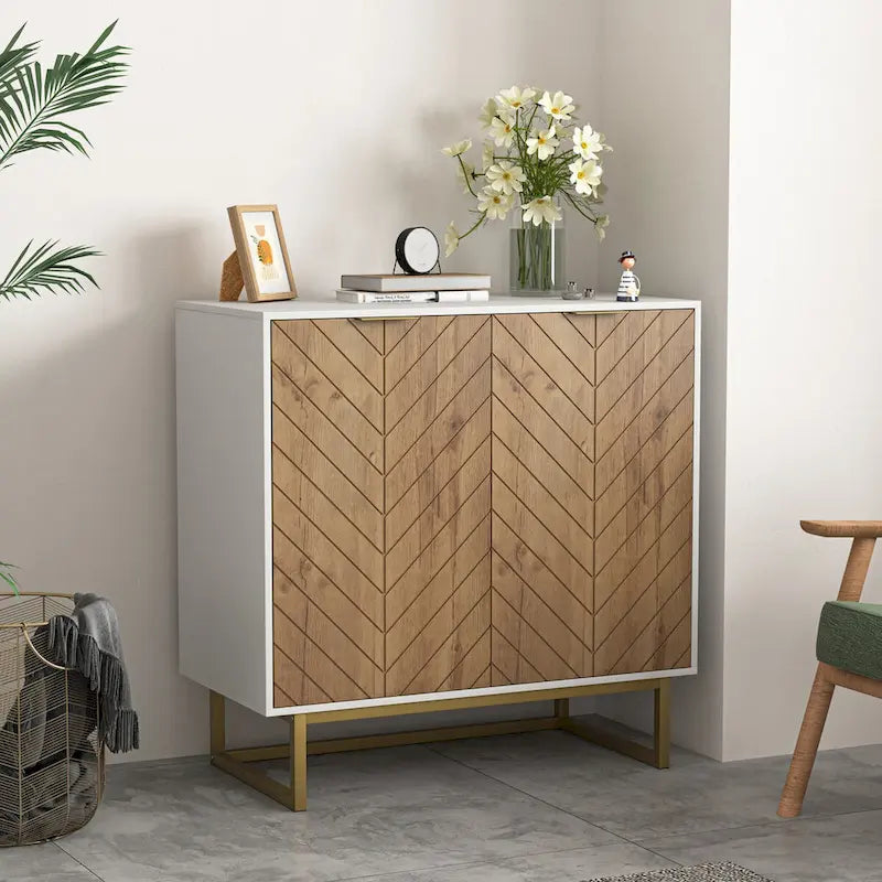 White and Gold Storage Cabinet with 2 Doors, Buffet Sideboard with Storage