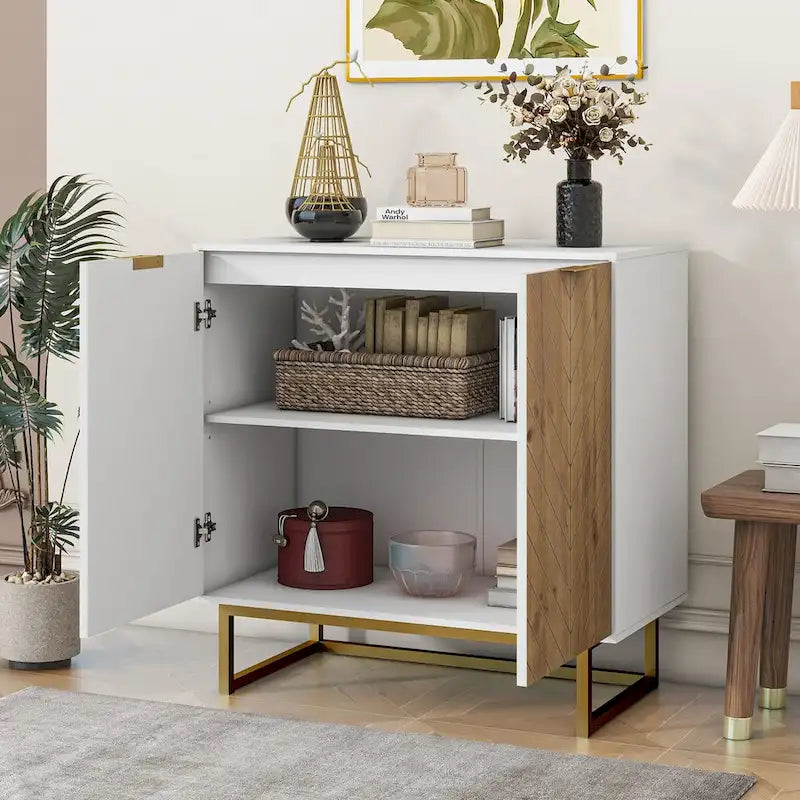 White and Gold Storage Cabinet with 2 Doors, Buffet Sideboard with Storage