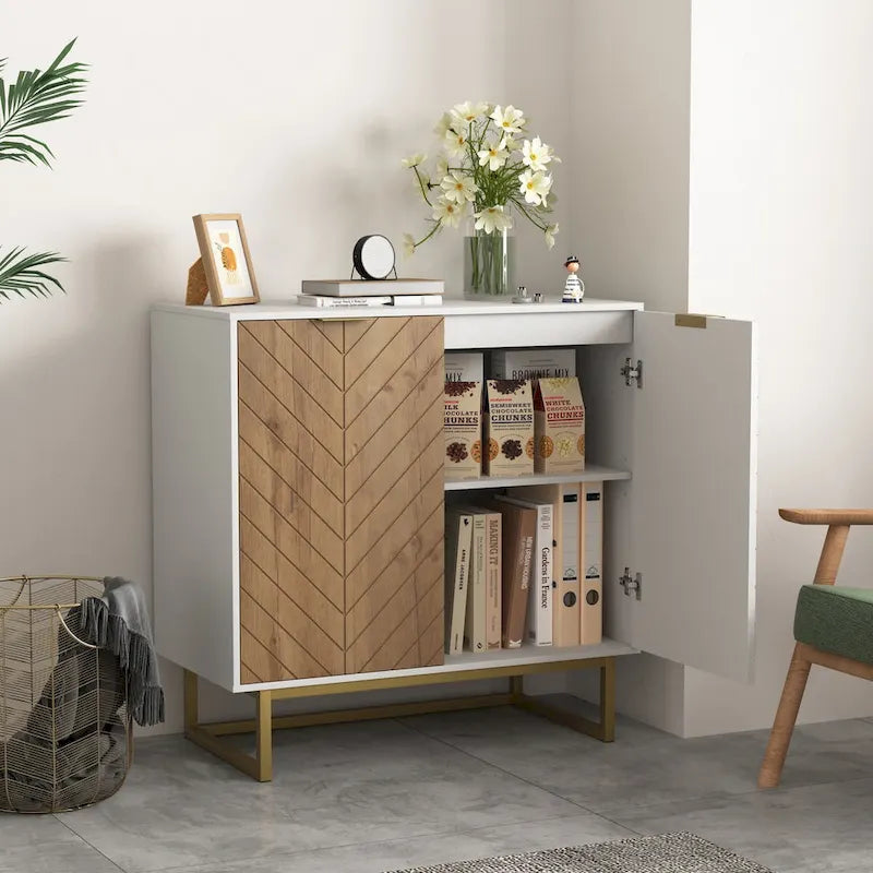 White and Gold Storage Cabinet with 2 Doors, Buffet Sideboard with Storage